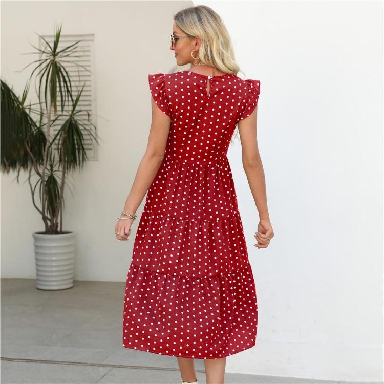 Summer Women Sleeveless Round Neck Ruffled Dot Print Long Dress Polka