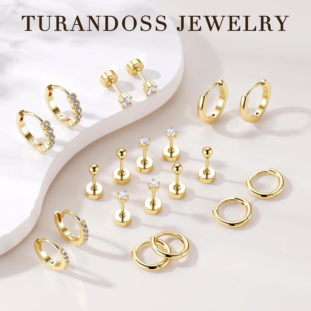 10 Paar Gold-Creolen für Damen | 14K Goldplattierte Stecker-Creolen, Flache Rückseite, Knorpel-Ohrring-Stacks, Mehrfachpiercing, Hypoallergen