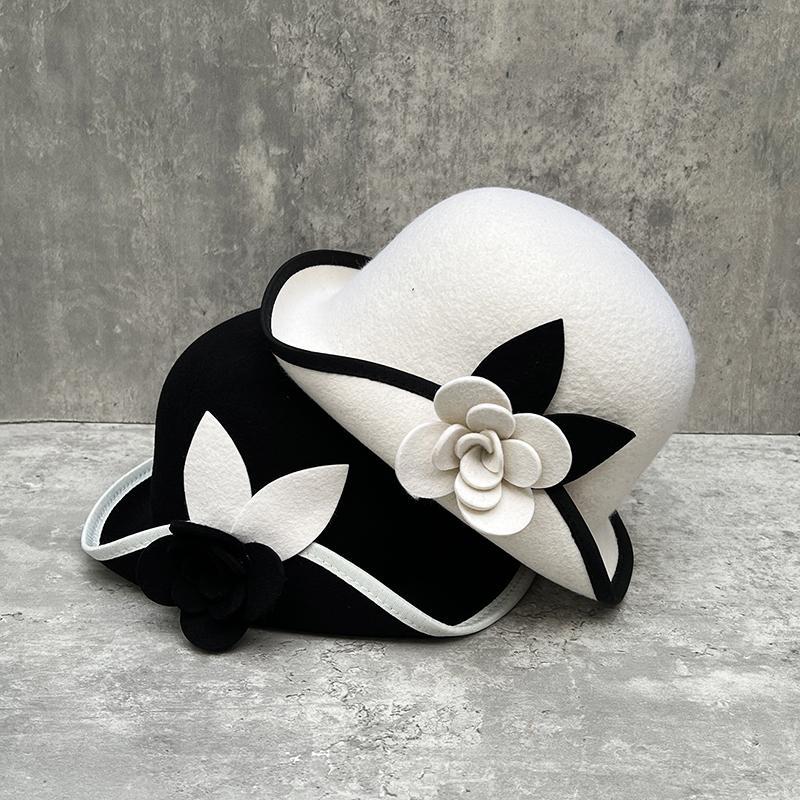 Hepburn Style Woolen Bucket Hat Female French Retro Elegant Camellia Pot Hat Contrasting Color Edge Versatile Top Hat