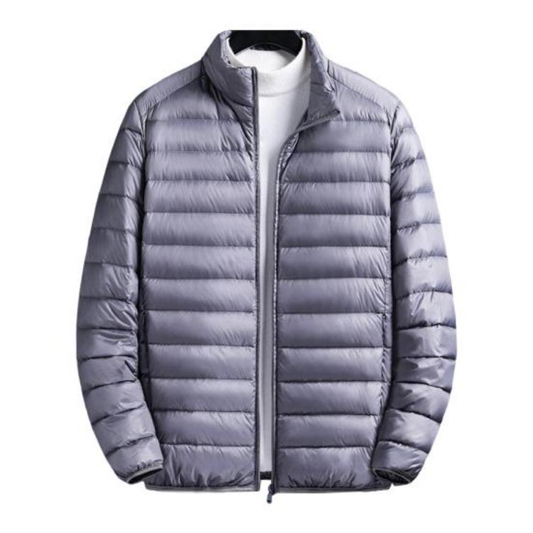 Lightweight Quilted Down Cotton Jacket for Men Stand Collar Long Sleeve Zipper Closure with Side Pockets