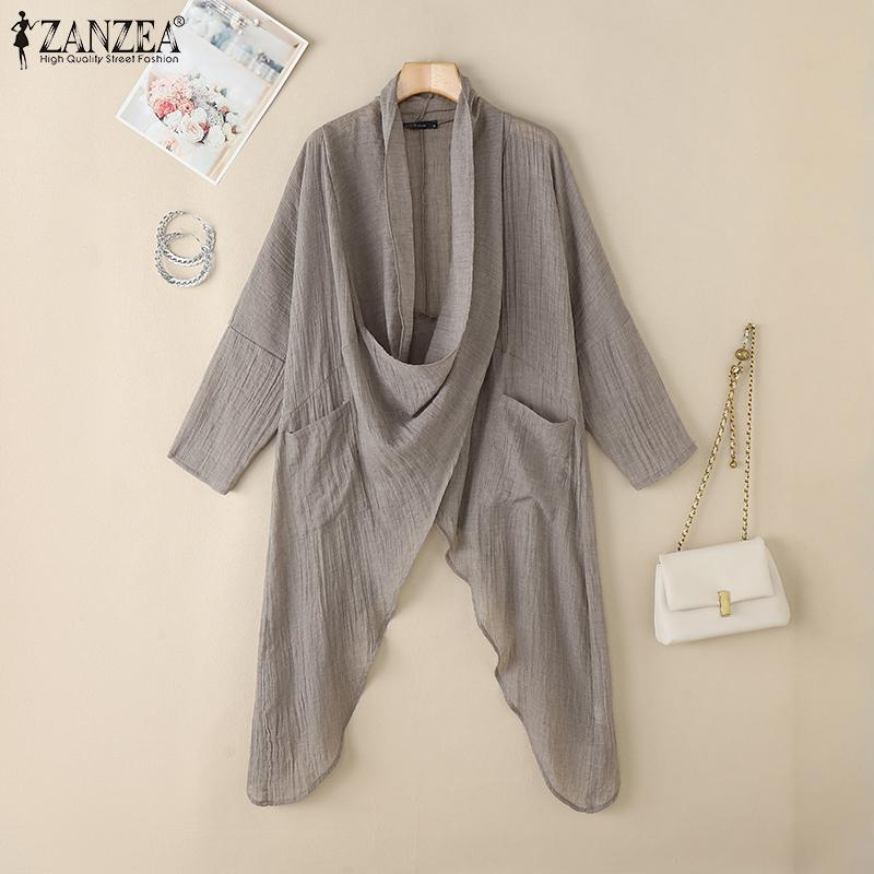 ZANZEA Women Casual Cowl Neck Long Sleeve Asymmetric Cover Up Blouse