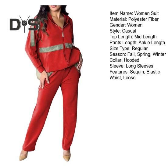 Ensemble de 2 pièces pour femme, sweat-shirt et pantalon à paillettes, capuche, manches longues, fermeture éclair, sport, taille élastique, tenue de fitness, automne, printemps, déplacements