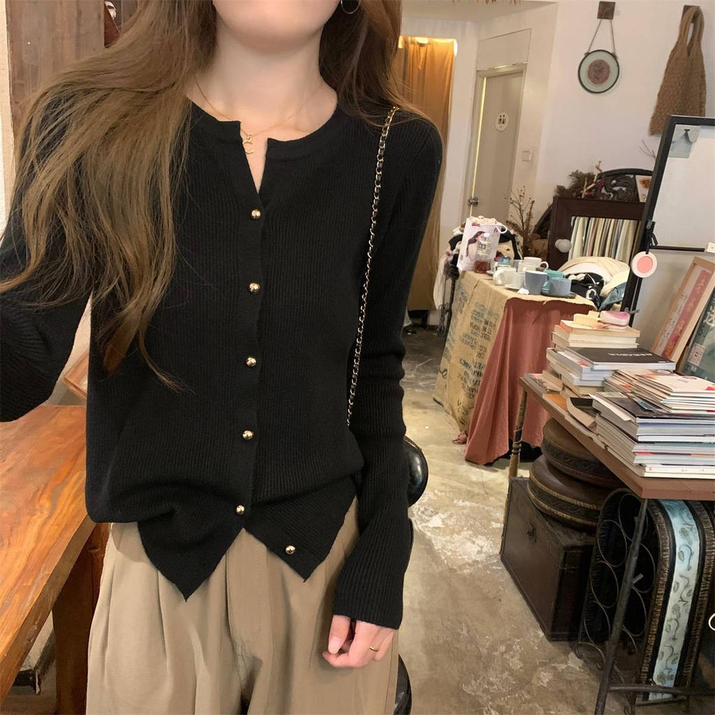 Spring collar single-breasted knitted cardigan women's lazy and versatile simple long-sleeved sweater pit strip top