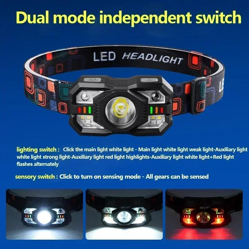 LED Induction Headlamp Motion Sensor Flashlight USB Charging Headlight 5 Gears 1200mAh for Outdoor Camping Running Night Fishing