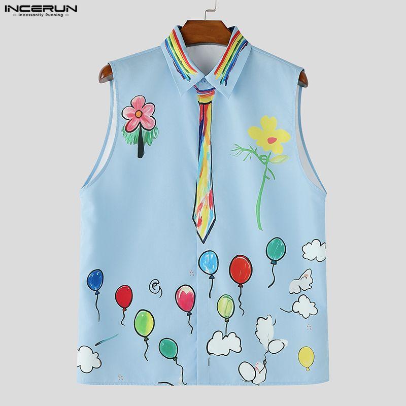 INCERUN Mens Casual Sleeveless Shirt Lapel Collar Button Down Funny Cartoon Graffiti Print Holiday Tank Tops