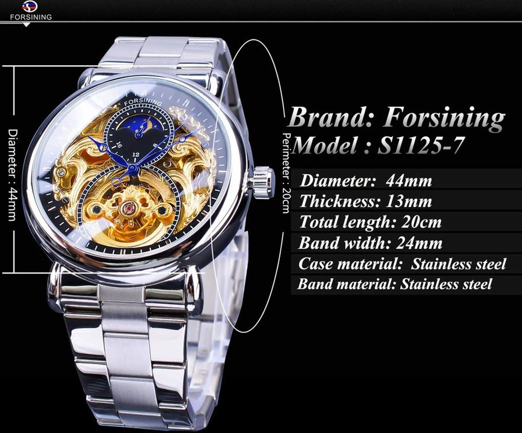 FORTINING Herren Automatische Analoguhr, Mode Skelett Tourbillon, Wasserdicht Mondphase Leder Mechanische Uhr (Silber & Schwarz & Stahlstreifen)