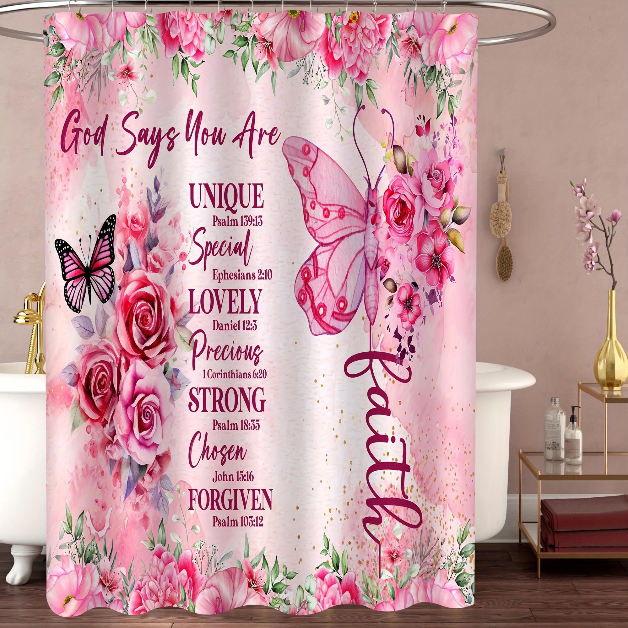 1Pc Shower Curtain - Inspirational Faith Design With Pink Flowers And Butterflies Waterproof W60H190(CM)-1 Pcs