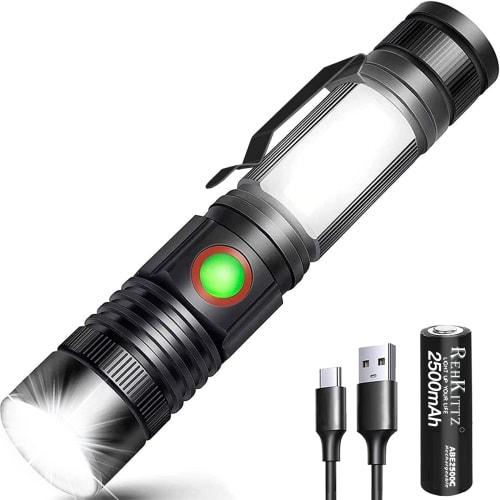 REHKITTZ LED Flashlight, Ultra-Bright 1600 Lumens, Handheld Flashlight, USB Rechargeable [2500mAh High-Capacity 18650 Battery] [10-30 Hours of Operati