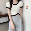 Color Clash Short-sleeved T-shirt Knit Short Women Simple Summer Design Sense Niche Tops Casual Essential Comfort and Style Slim Fit Pullovers Tees