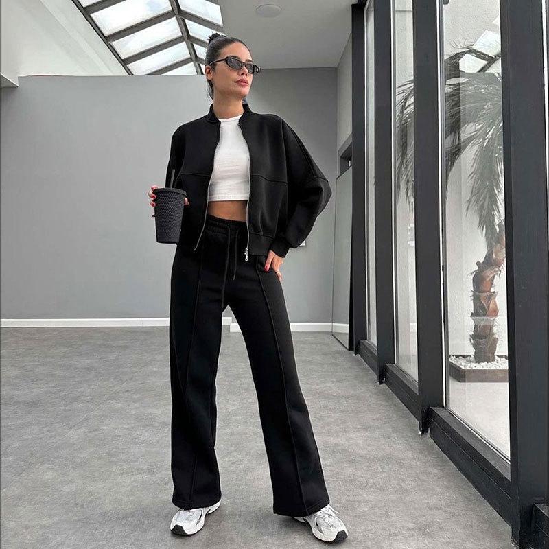 Autumn/Winter Women's Fleece-Lined Zipper Cardigan & Solid Color Straight-Leg Pants Set