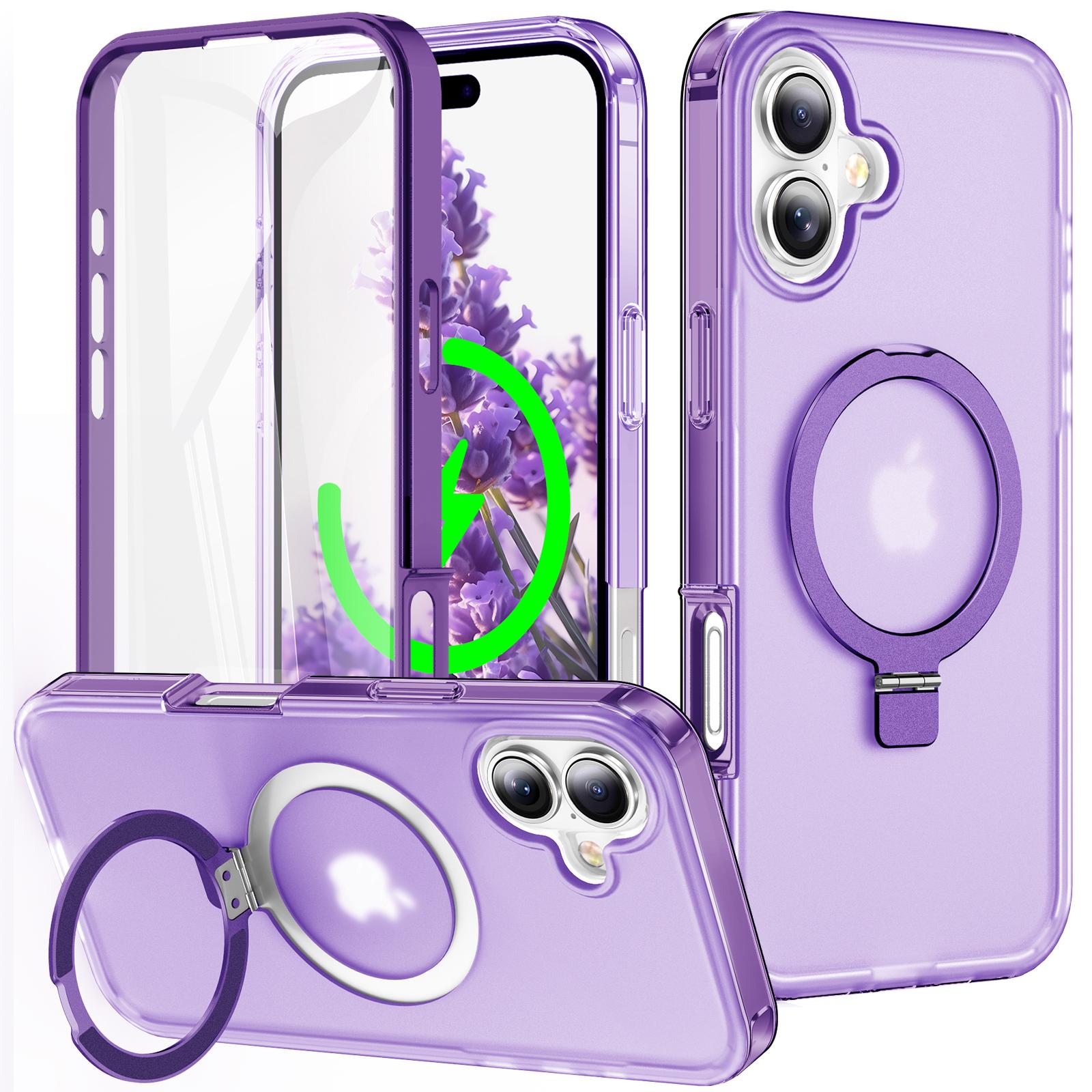 

For iPhone 16 Case Frosted TPU+PC Phone Cover with Magnetic Kickstand PET Screen Protector Compatible with MagSafe Purple