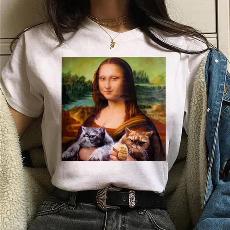 T-shirts Women Cat Oil Painting Printed Funny Graphic Tee Shirt Summer Short Sleeve Casual White Tops Harajuku Clothing