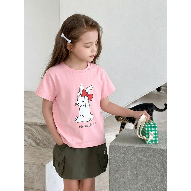 2026 Summer Cartoon Rabbit Print Children's Pure Cotton Pink Short-Sleeved T-Shirt Korean Brand Children's Clothing Girls' Tops
