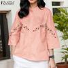 ZANZEA Dame Casual Ståkrage 3/4 Erme Løs Blomsterbroderi Bluse