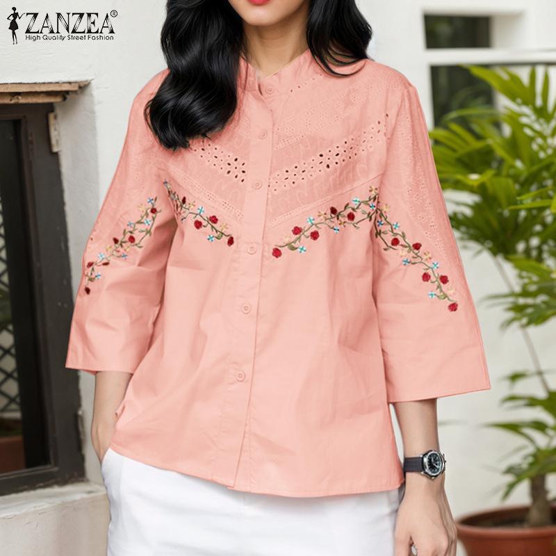 ZANZEA Dame Casual Ståkrage 3/4 Erme Løs Blomsterbroderi Bluse