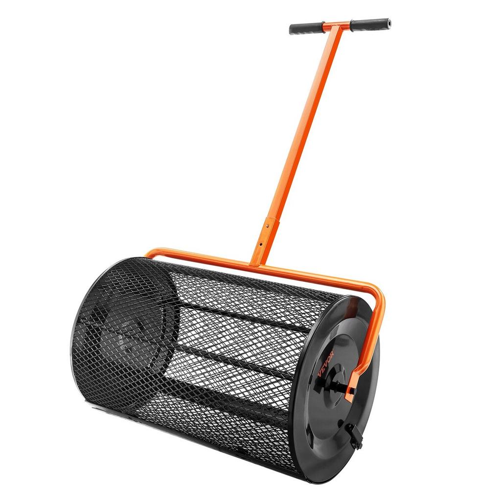 Compost Spreader, 24.4-25.6" Height Adjustable Handle, 24" Wide, Lawn and Garden Peat Moss Roller with Side Latches, Powder Coated Steel Mesh Basket