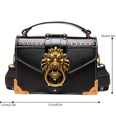 Vintage Mini Umhängetasche, Handtasche mit Löwenkopf Dekor, Schultertasche im Punk Stil mit Nieten Dekor