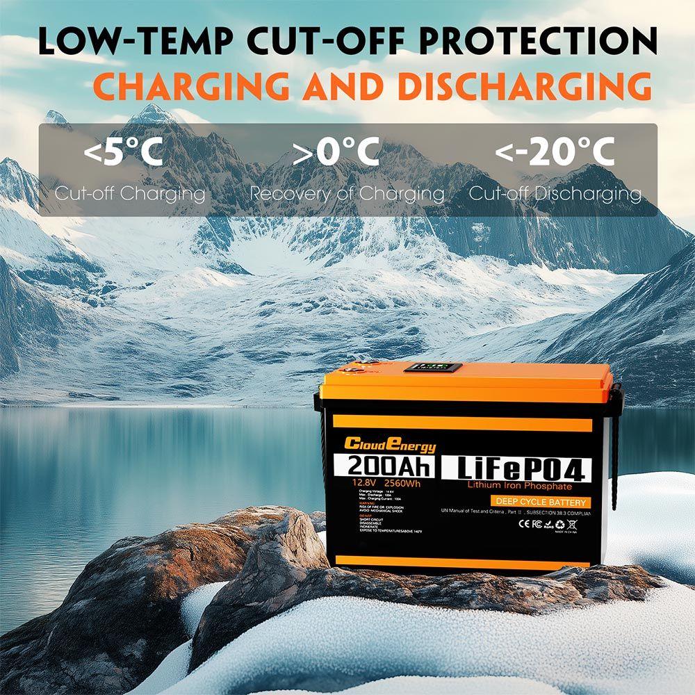 Cloudenergy 12V 200Ah LiFePO4 Akku-Pack Notstrom, 2560Wh Energie, 6000+ Zyklen, Eingebautes 100A BMS