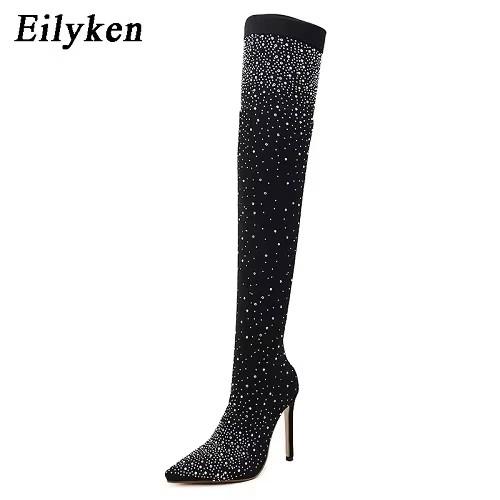 Fashion Eilyken Design Fashion Pointed Toe Bling Over Knee Boots Crystal Long Women Thigh High Heel Sexy Club Sock Botas Mujer