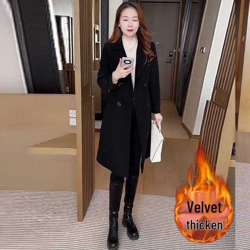 

Жіночий вітрозахисний плащ середньої довжини на флісовій підкладці - Осінньо-зимовий корейський стиль, пальто з коміром-стійкою 2XL for 124-135 lbs