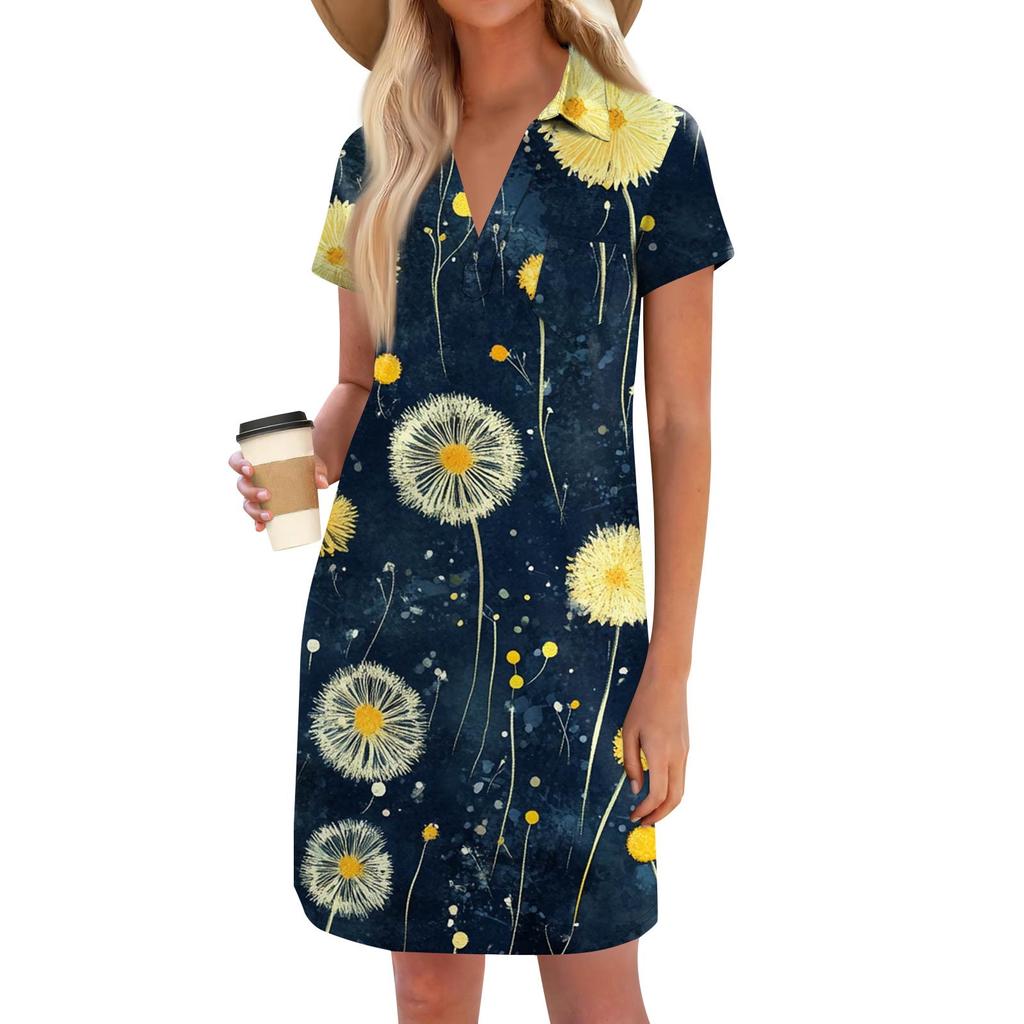 Women's Fashion Casual Loose Printed V-Neck Small Pocket Short Sleeve T-Shirt Dresses