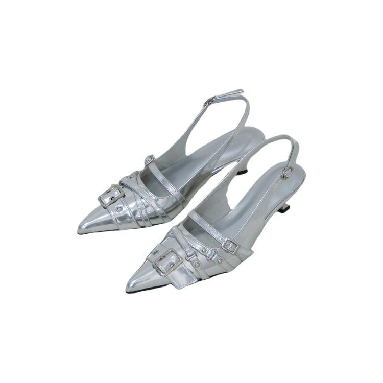 

[youshilai] Silver pointed high heels, belt buckle bag head cool slippers, half empty single shoes 40