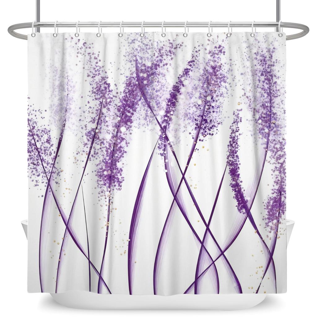 Purple Wisteria Floral Shower Curtain Elegant Abstract Line Print Waterproof Bath Curtain Bathroom Decor Polyester With Hooks