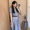 Large Size French Blue Striped Shirt Dress Summer Fat MM Literary Retro POLO Collar Thin Waist Dress