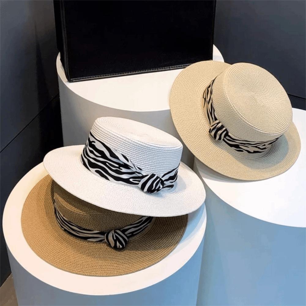 With Leopard Print Belt Straw Woven Hat Wide Brim Women's Sun Hat Retro Sunscreen Bucket Hat  Beach
