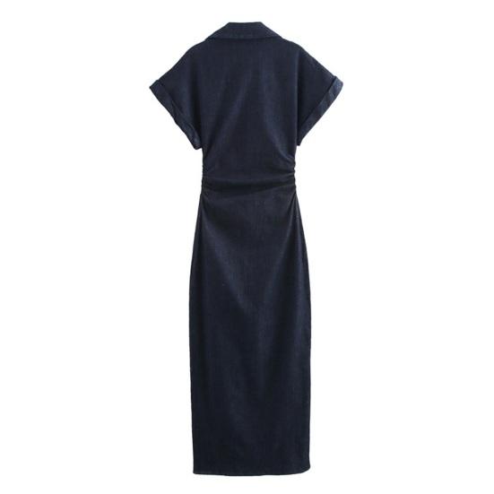 Women's Maxi Denim Dress Button Down Short Sleeve Long Jean Dress