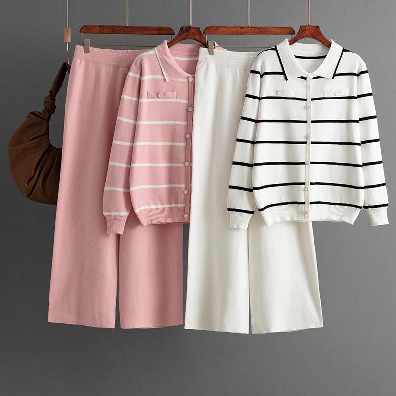 A Two-piece Set of Fashionable Polo Collar Striped Knitted Single-breasted Sweater and Casual Wide-leg Pants for Women