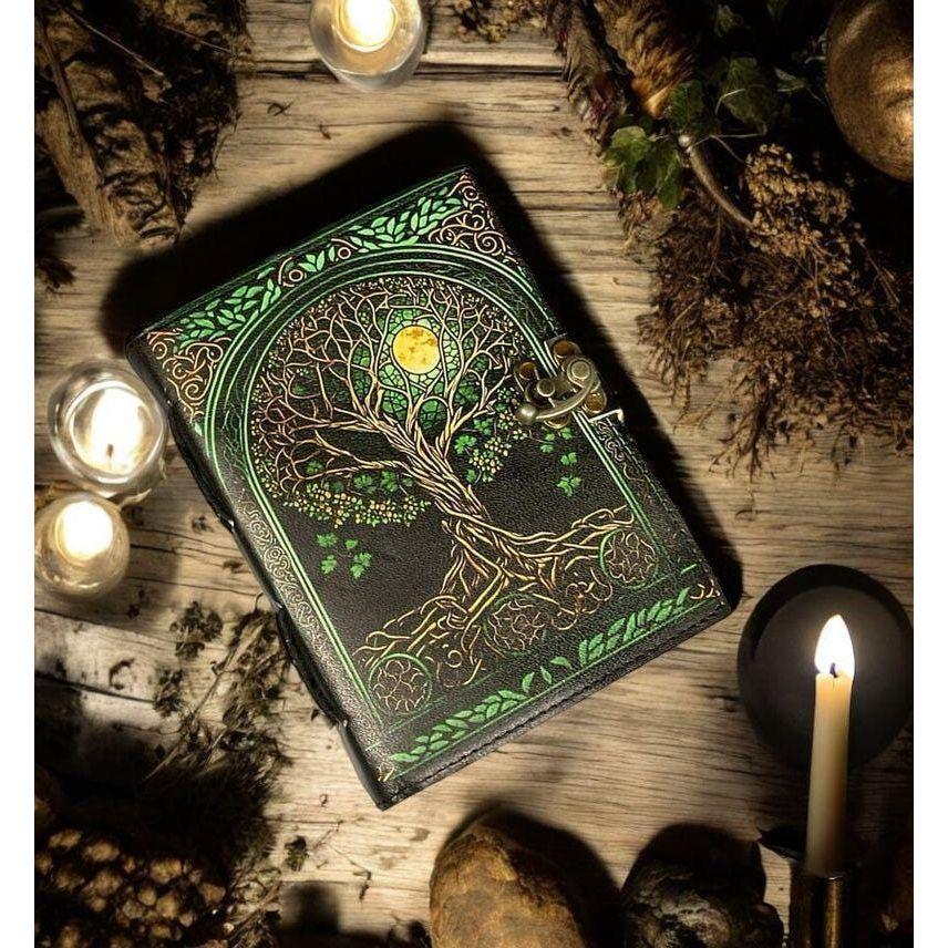 Grimoire Vintage Leather Journal, Tree of Life Fat Journal, Blank Spell Book of Shadows Celestial Gifts For Him Her