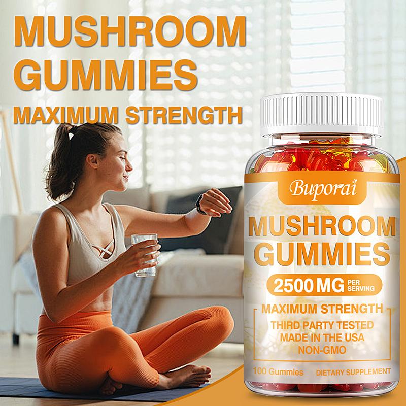 Mushroom Gummies Containing a Mixture of Hericium Erinaceus, Cordyceps Sinensis, and Ganoderma Lucidum To Boost Energy; Vegan.