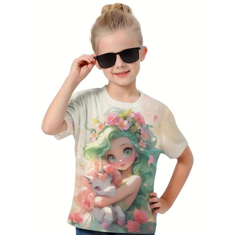 Kids T Shirt Spring Autumn Girls' Printed Top Short Sleeve Round Neck Bottom Top T-shirt Personalized Trendy Clothing Shirt