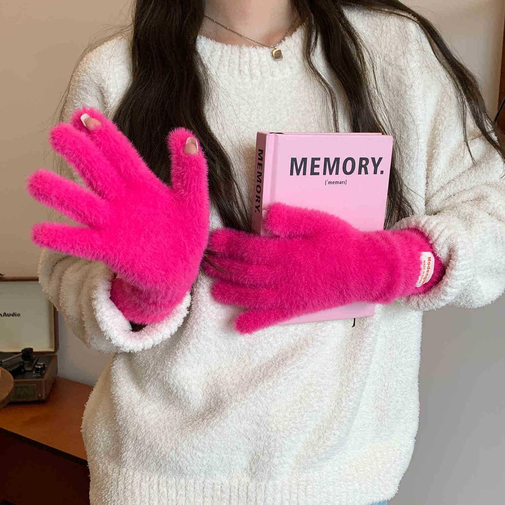 Soft waxy plush knitted gloves high-end ins warm dew fingers cold-proof five-finger gloves versatile
