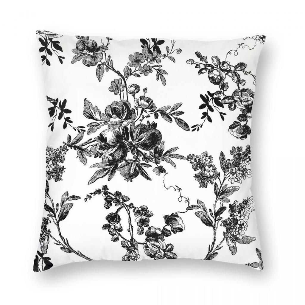 Black Floral Toile Square Pillowcase Polyester Linen Velvet Creative Zip Decor Throw Pillow Case Sofa Cushion Cover