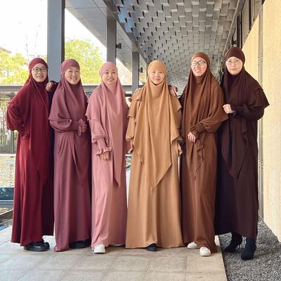 Abaya Set Zmačkaná tkanina Smocked Manžeta Šaty Vrstva Šátek Modlitební Oblečení Islám Jilbabs pro ženy Ramadán Muslim