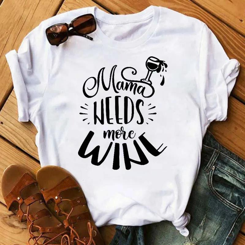 Funny Wine Glass Print T-Shirt Women's Round Neck Short Sleeve T-Shirt Casual Women's Camisole Fashion
