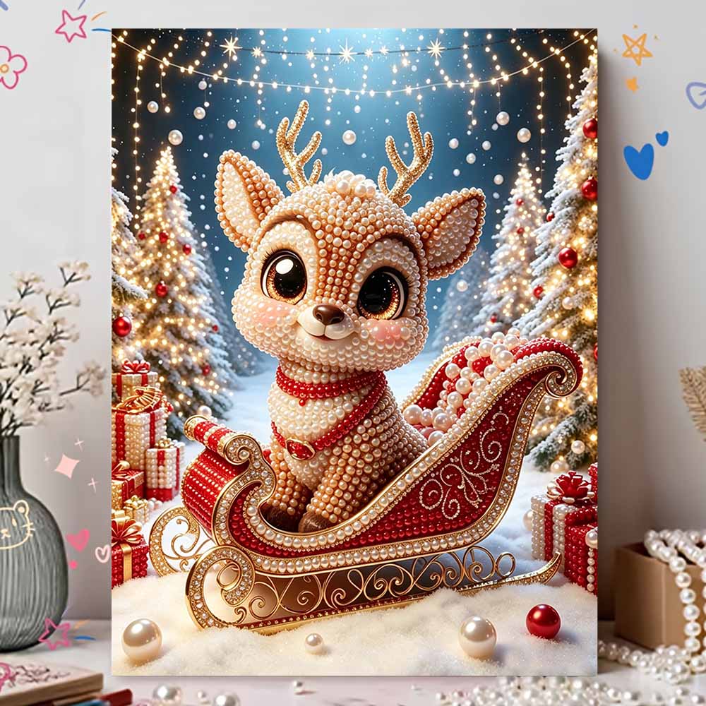 Pearl Bead Painting Kit Cute Christmas Reindeer Sleigh Pattern Art Set for Relaxing Night Craft DIY Home Decor Gift Handmade Ornament Wall Decor