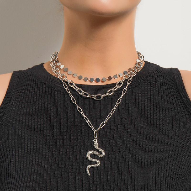 Europe, America, Hip Hop Trend Cross Chain Sequined Accessories Women, Personalized Multi-layer Golden Snake Pendant Necklace