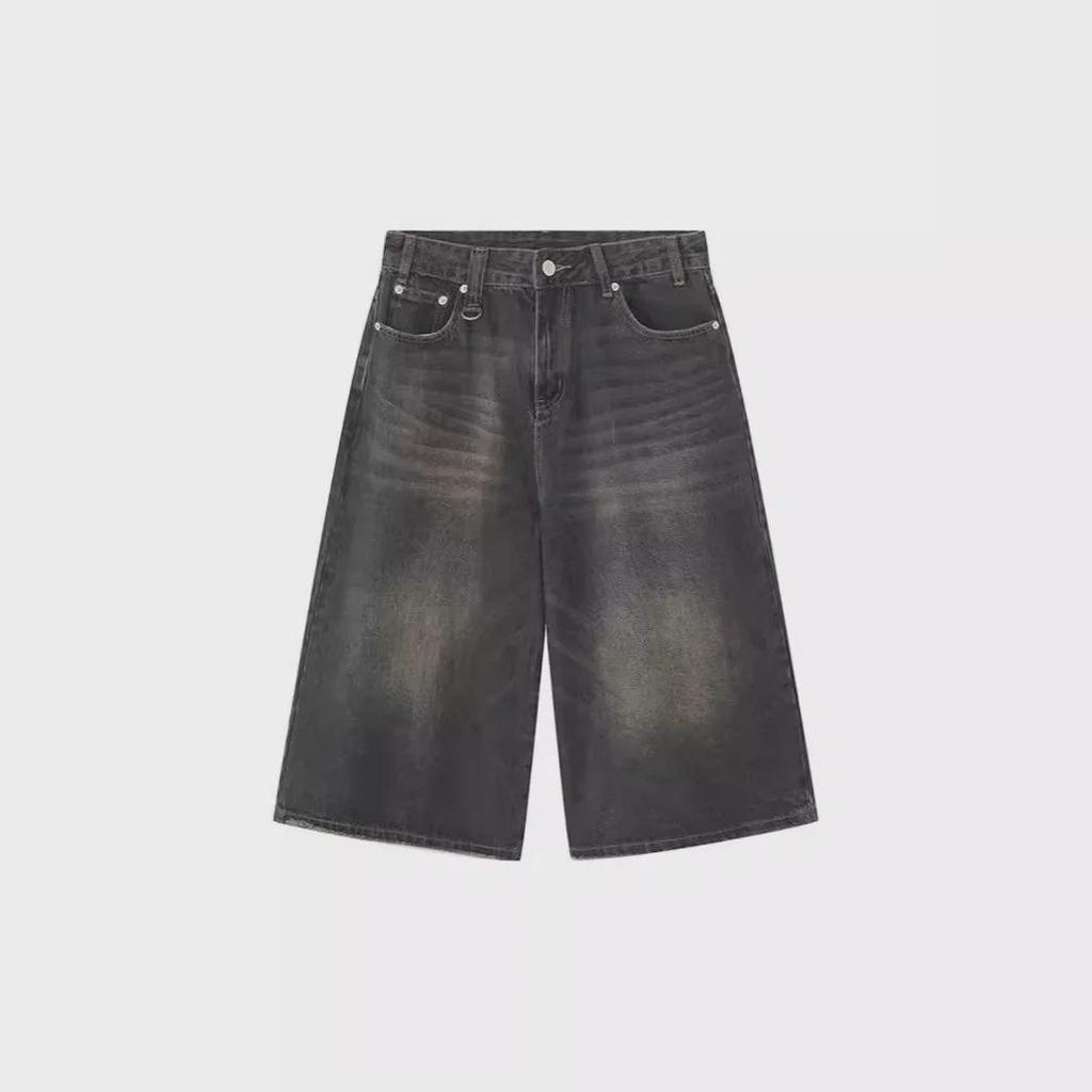 Men's Washed Retro Distressed Wide-Leg 7-Point Denim Shorts