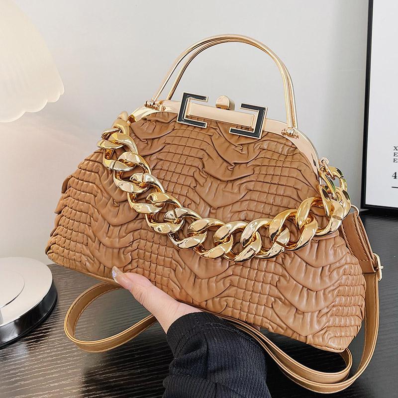 Women's Pleated PU Leather Shoulder Bags  Thick Chain  Messenger Bags  Luxurious Ladies Bags  Night Clutch  Gold  Pink  Green