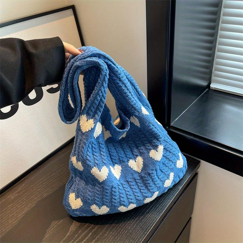 Cute Love Heart Pattern Crochet Shoulder Bag Lightweight Knitted Tote Bag For Women Shopping Bag Travel Beach Bag синий
