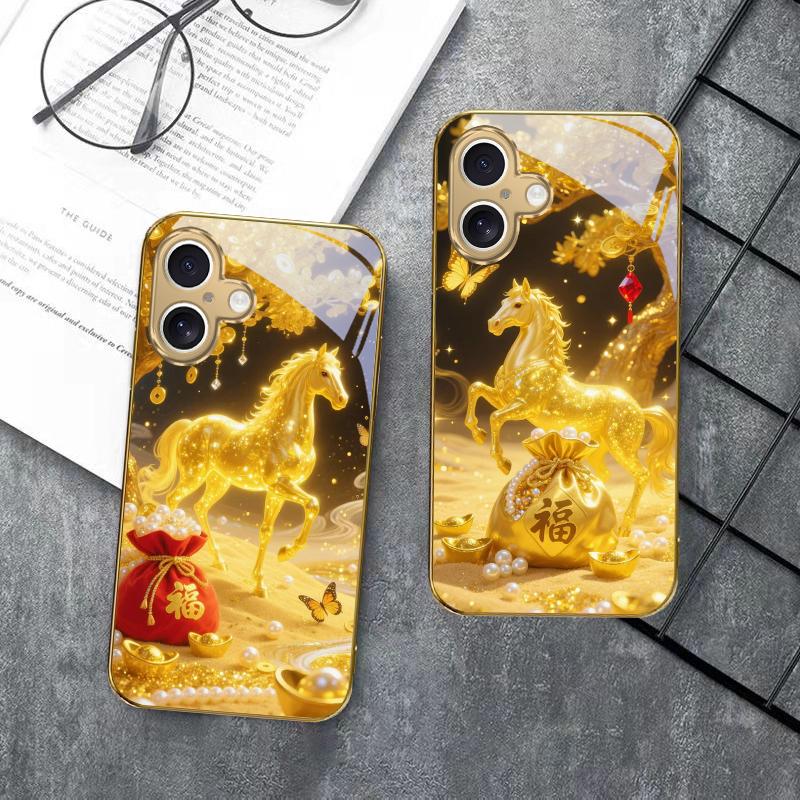 The Golden Lucky Horse For iPhone 17 Pro Max 16 16E 15 14 13 Plus 12 Mini 11 15Pro 17 Air XR X 17ProMax Golden Glass Phone Case