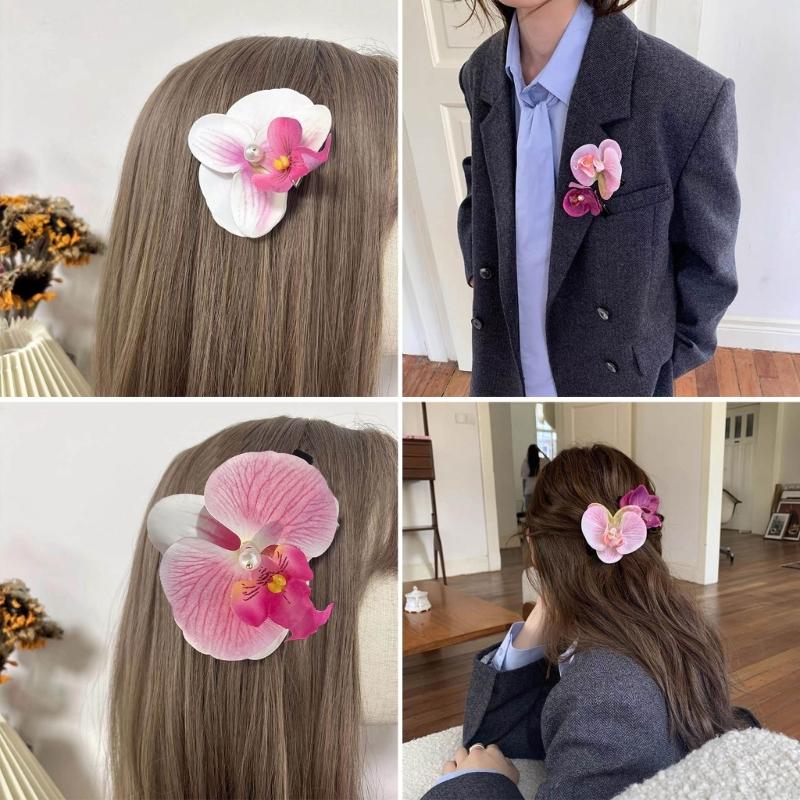 Set of 2 French Floral Hair Grip Pink Orchids Flower Hairpin Stylish Hair Grips for Girl Sweet Side Barrettes Jewelry