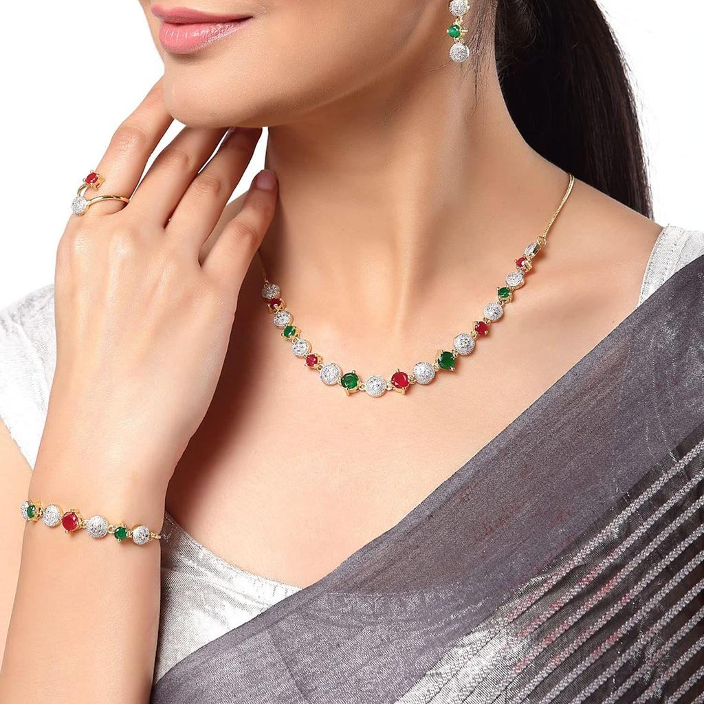 Jewellery Set for Women American Diamond Combo of Necklace Set with Earrings, Bracelet and Ring for Girls and Women