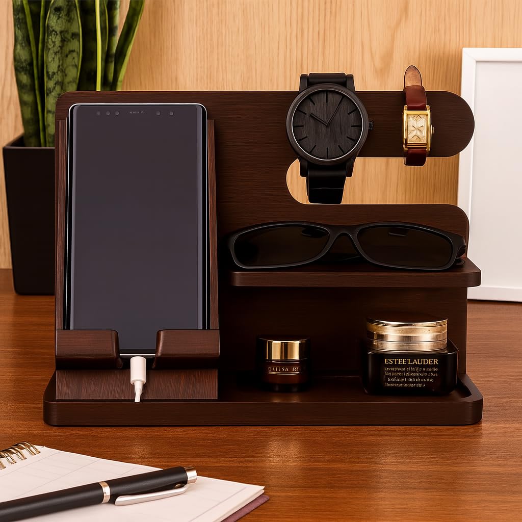 RINHAPI Wooden Smartphone Stand, Desk Organizer, and Dock Station, Perfect Gift for Men or Birthday