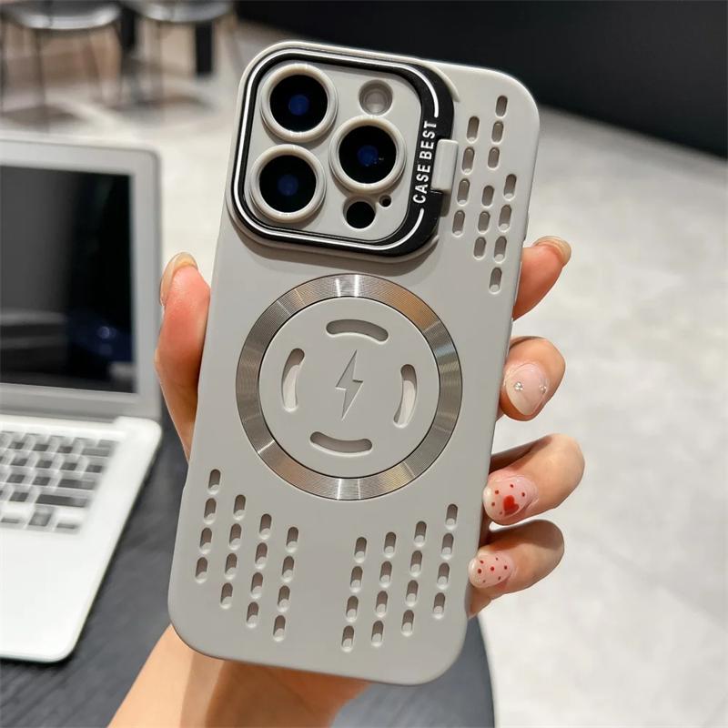 Simple Fashion Heat Dissipation For Magnetic Lens Holder Phone Case For iPhone 16 15 14 13 12 11 Pro Max Plus Cover Capa