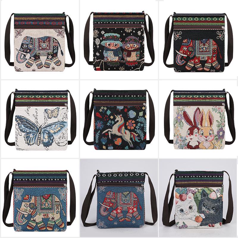 Ethnic Elephant & Butterfly Embroidered Crossbody Bag - Women's Cultural Canvas Shoulder Accessory