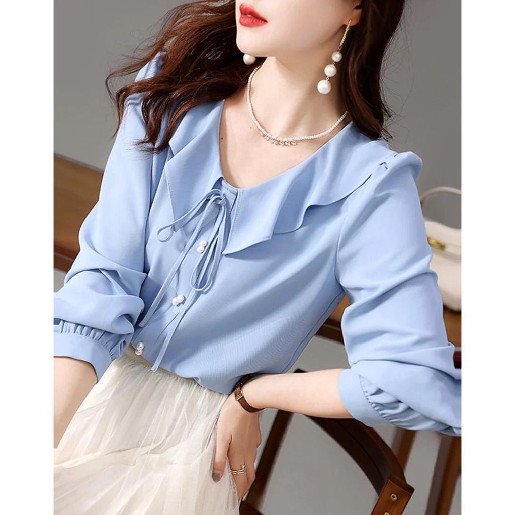 Spring New Casual Loose Korean Style Light-climbed Ruffle Chest Lace-up Shirt